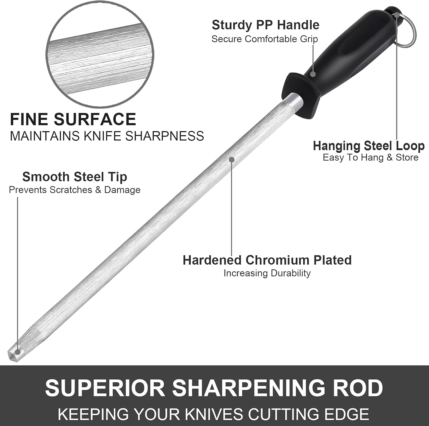 Honing Steel Knife Sharpening Rod 12 inches, Premium Carbon Steel Knife Sharpener Stick, Easy to Use Honer for Knives and Rod Sharpeners - Daily Maintenance